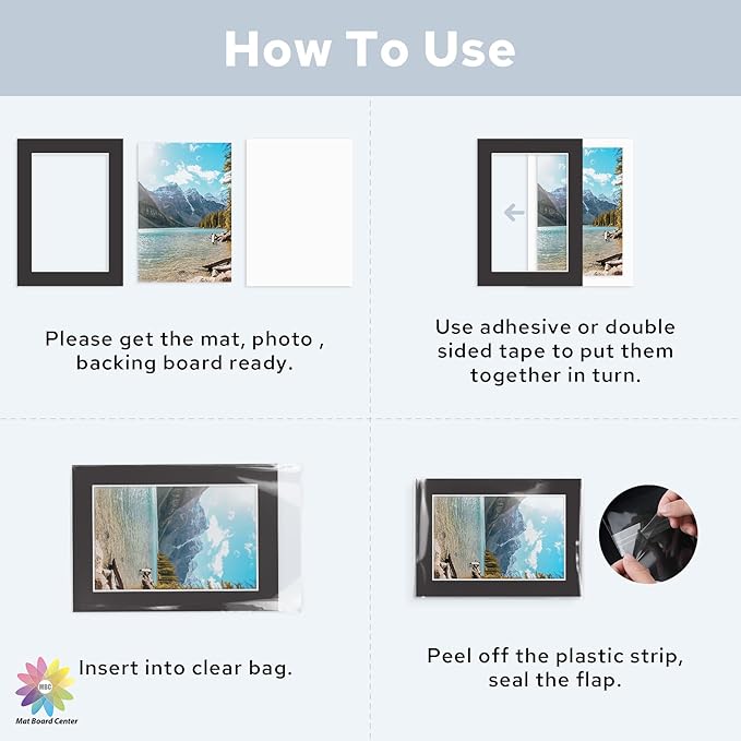 Mat Board Center, Pack of 50, 5x7 for 4x6 Black Mat Kit - Acid Free, 4-ply Thickness, White Core - Includes Backing Boards and Clear Bags - for Pictures, Photos, Framing