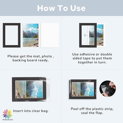 Mat Board Center, Pack of 50, 5x7 for 4x6 Black Mat Kit - Acid Free, 4-ply Thickness, White Core - Includes Backing Boards and Clear Bags - for Pictures, Photos, Framing