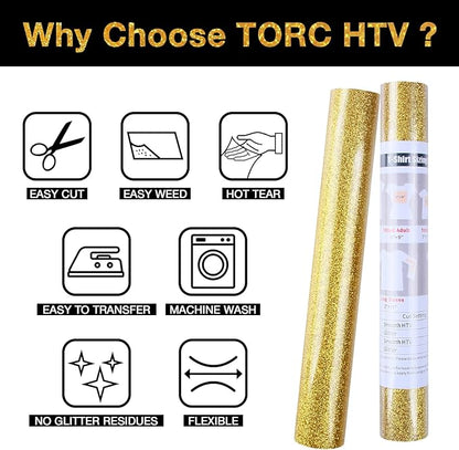 TORC Gold Glitter HTV Heat Transfer Vinyl 2 Rolls Iron on Vinyl for T Shirts Crafts 12 inch x 5 ft