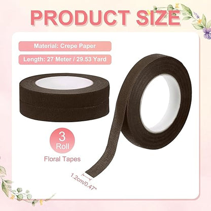 MECCANIXITY 3 Rolls Floral Tapes, 30 Yard x 1/16 in Florist Crepe Flowers Bouquets Tape Adhesive Waterproof for Flower Arranging Wrapping, Dark Brown