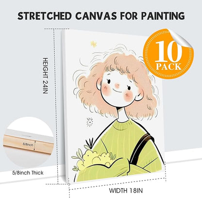 ESRICH 18x24 Inch Stretched Canvas for Painting, 10Pack Large Canvas for Painting, Primed Acid-Free Cotton Blank Canvases, Art Paint Canvases for Oil, Watercolor, Acrylic Paint, Gouache.