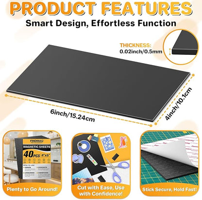 FINDMAG Magnetic Adhesive Sheets, 40PCS Magnetic Tape, Flexible Magnet with Adhesive Backing, Magnet Sheet Stickers for Crafts, Board, Photos, 4" x 6"