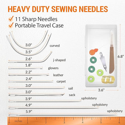 VONEEDL Heavy Duty Sewing Needles (11 PCS) & Waxed Thread (4 Green Colors) - Upholstery Repair Kit for Leather, Canvas, Quilting & More