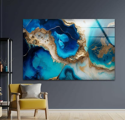 My Photostation.com 30Wx24H'' Blue Alcohol ink Glass Wall ArtTempered Glass Printing Wall Decor Large Wall Art Wall Hangings