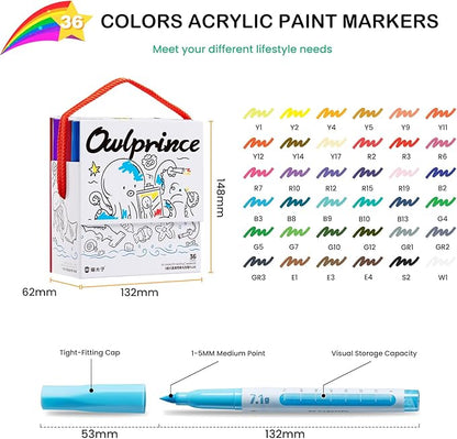 Mooking Acrylic Paint Markers Brush Tip, 36 Colors Acrylic Markers with Automatic Ink Control - 7.1G Large Capacity Quick Drying Waterproof Paint Pens for Rock, Egg, Wood, Fabric, Glass, DIY Crafts