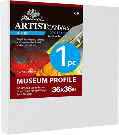 PHOENIX 36x36 Inch Museum Canvas - 2 3/8 Inch Thick Porfile Deep Large Stretched Canvas for Painting 1 Pack 100% Cotton 11 Oz. Gesso Primed White Blank Professional Canvas Oil & Acrylic Paints
