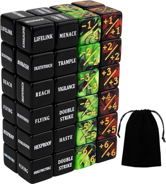 48 Pieces Abilities Keywords MTG Dice Counters Plus One Life Counter Dice Bulk Creature Stats Buff Tokens Dice Set for Magic The Gathering, MTG, Card Games Accessories