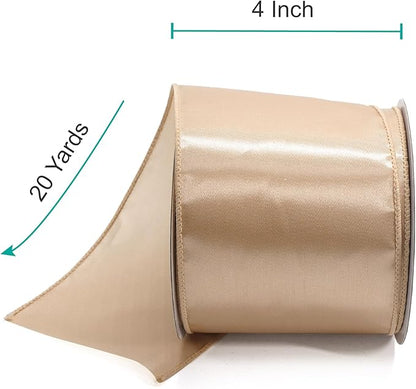 CT CRAFT LLC Satin Wired Ribbon 4 Inch x 20 Yards Champagne Gold for Christmas Home Décor Gift Wrapping Tree Topper Bow Wreath DIY Crafts,