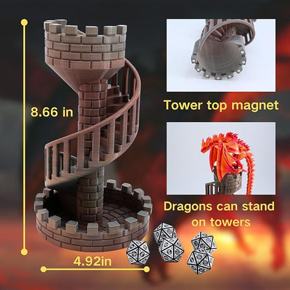 Wyvern Castle Dice Tower (with 5 polyhedral dice and a Dragon) for Table Games, D&D & RPG Games, Perfect Table Decoration and Party Surprise Gifts (Red Gold)
