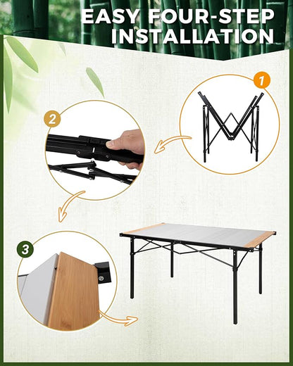 KingCamp Aluminum Folding Lightweight Roll Portable Stable Table for Camping Picnic Barbecue Backyard Party, Indoor & Outdoor, Oversize, Silver Black (Extended Pro, #6P Bamboo)