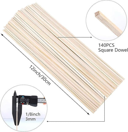 140 Pcs Balsa Wood Sticks 1/8 x 1/8 x 12 Inch, Square Dowel Rods Wood Strips Hardwood Sticks for Crafts DIY Projects Models Making