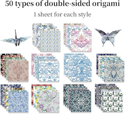 Square Origami Paper 6x6 Double Sided 50 Sheets 50 Colors 70GSM Origami Kit Japanese Chiyo Easy Fold Arts Crafts DIY Handwork Beginner Baroque
