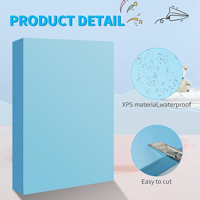 LuckyFoam Blue 5 Pack 12x7.5x1.5 inch Foam Sheets 1.5 Inch Thick Polystyrene Rectangles XPS Foam Board Craft for Insulating DIY Modeling Art Supplies