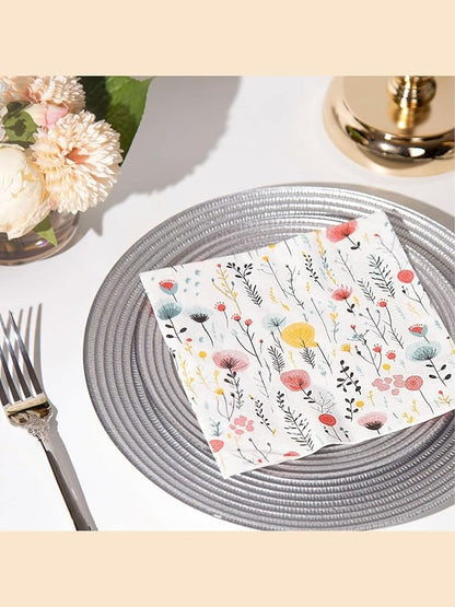 20 pcs Premium Designer Paper Napkins, 3-Ply 6.5x6.5-inches Disposable Decorative Paper Guest White Floral Napkin for Wedding Birthday Anniversary Lunch Dinner Party Baby Shower