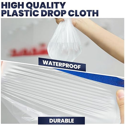 ADHES Painters Plastic with Tape, 48 inch x 90 feet x 3 Rolls Painters Tape with Plastic Attached, Pre Taped Masking Film Tape and Drape for Automotive Painting Covering