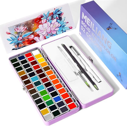MeiLiang Watercolor Paint Set 52 Colors in Half Pans with Drawing Pencil, Paint Brushes, 5 Watercolor Paper, Sponge, Black Drawing Pens, Art Supplies for Adults Travel Watercolor & Purple Box