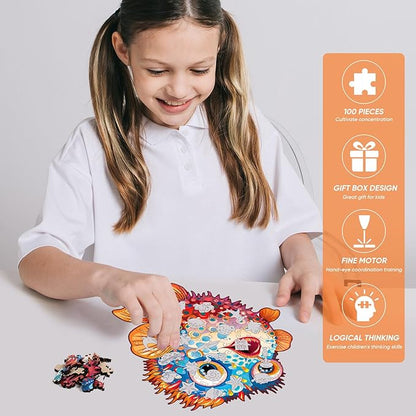 Wooden Puzzles for Kids,100 Pieces Ocean Puzzle,Unique Fish Shaped Wooden Puzzle, Preschool Puzzle Toys, Give Your Kids/Grandchildren, Suitable for Family Games