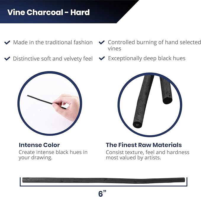 Pacific Arc Artist Vine Charcoal, Hard, Black 12 Pieces, Artist Vine Charcoal Sticks, Hard and Smooth Drawing Charcoal