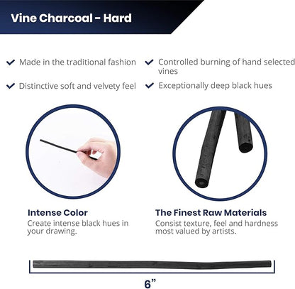 Pacific Arc Artist Vine Charcoal, Hard, Black 12 Pieces, Artist Vine Charcoal Sticks, Hard and Smooth Drawing Charcoal