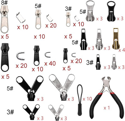 Maosifang 205-Piece Zipper Repair Kit with Zipper Install Pliers, Pull Tabs for Clothing, Bags, Jackets, Luggage, Backpacks, Purses - Black and Silver