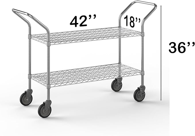 18" W x 42" L x 36" H Chrome Heavy Duty Utility Cart | 2-Tier | NSF Commercial Storage Rack Mobile Unit | Storage and Mobility Solution for Your Business