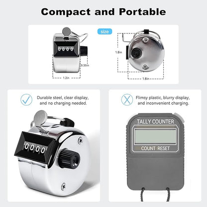 Clicker Counter, Metal Hand Tally Counter Clicker with 4 Digit Display, Pitch Counter for Golf Stroke, Baseball, Coaching, Knitting, Lap, Row Sport, Silver
