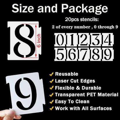 YEAJON 6 Inch Curb Stencil Kit 0-9 Address Number Stencils, 20Pcs Reusable 14 Mil Mylar Plastic Templates for Painting on Road, Wall, Wood, Mailbox
