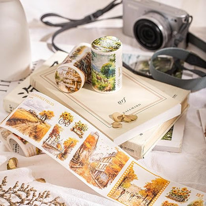 6 Rolls Seasonal Landscape Washi Tape Set, Nature-Inspired Stickers for Journaling, Scrapbooking, and DIY Crafts, with Decorative Clip