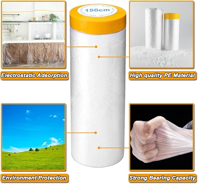 6 Pack Protective Masking Film with Tape 5 x 65 Ft Car Painters Plastic Sheeting Roll Tape and Drape Masking Film for Automotive Painting Covering Frames, Furniture, Auto Body