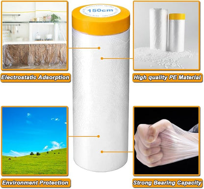 6 Pack Protective Masking Film with Tape 5 x 65 Ft Car Painters Plastic Sheeting Roll Tape and Drape Masking Film for Automotive Painting Covering Frames, Furniture, Auto Body