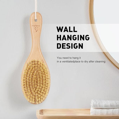 Short-Handle Dual-Sided Bath Massage Brush, Soft Boar & Firm Sisal Bristles, Portable (Natural Beech Wood)