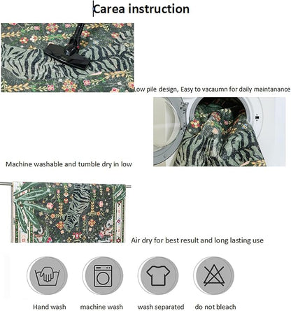 Oriental Tropical Entryway Rugs Washable, Greyish Green Boho Vintage Distressed Hippie 2x3 Throw Rugs for Bathroom Kitchen Entryway Indoor Non-Slip Abstract Botanical Tribal Accent Carpet