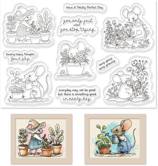 Cute Mouse Garden Planting Flowers Animal Clear Stamps for Scrapbooking DIY Crafting Paper Crafting Card Making Garden Friends Cut Dies Set Happy