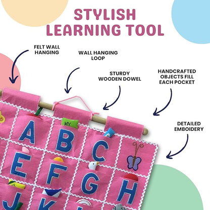 Pockets of Learning Pink ABC Felt Wall Hanging Chart - Early Education Alphabet Fabric Wall Décor for Children's Room | Engaging Educational Learning Art for Kids with Fabric Objects in Pocket