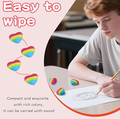 AmoreAngel Crafts 16 Pcs Heart Shaped Erasers，Pencil Erasers，Easy to Hold Rainbow Colorful Eraser，Pink Erasers,Back to School Supplies，Office Use