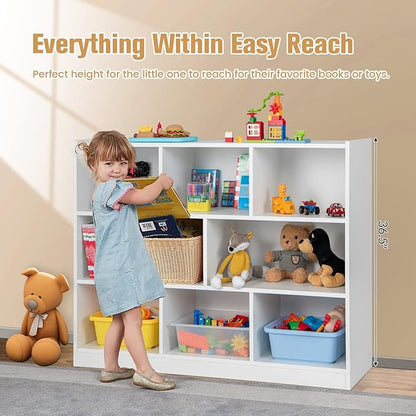 Toy Storage Organizer, 3-Tier Kids Bookshelf, 8 Cube Kids' Bookcases, Cabinets & Shelves, Wooden Toy Organizers, Small Book Shelf for Bedroom, Playroom, Classroom, Nursery (White)