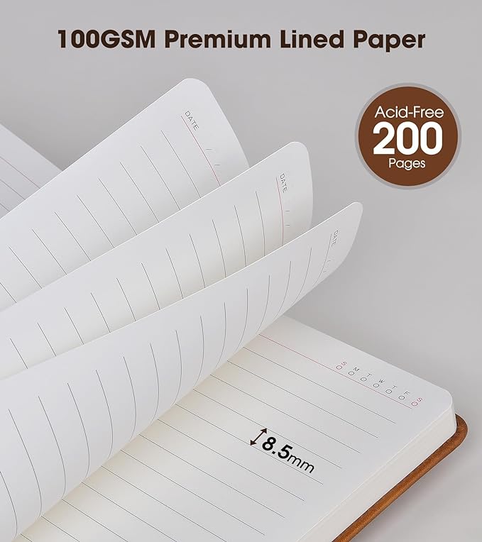 Brown A5 Lined Leather Journal Notebook for Men Women,5.9" X 8.4" Personalized Hardcover Journal with Pen,200 Pages 100 Gsm Thick Ruled Paper Daily Diary for Travel,Business,Work,Writing