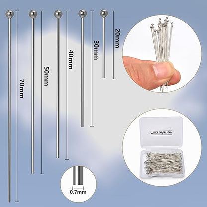 150pcs Silver Filled Ball Pins Non Tarnish Craft Earring Bracelet Jewelry Making Accessories Supplies (40mm (1.57in), Silver-Ball Pin)