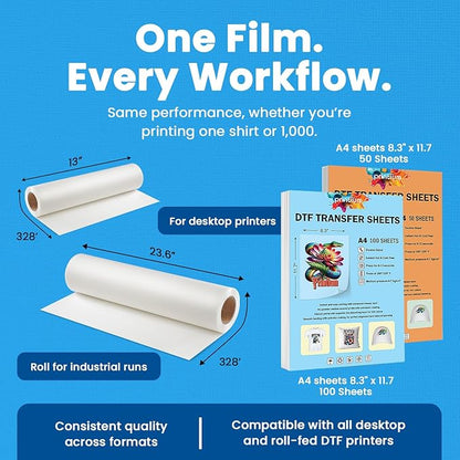 DTF Transfer Film Roll 23.6in x 328ft – Premium Plus Hot & Cold Peel – Double Matte Anti-Static Coating – Heat Transfer Film for Vibrant Colors & Durable Prints – Works with All DTF Printers