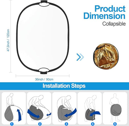 WELLMAKING 35''x47'' (90x120cm) Reflector Photography with Threaded Handle, Collapsible Light Reflector with Bag & tilt Adapter, 5in1 Reflector for Studio - Translucent, Silver, Gold, White and Black