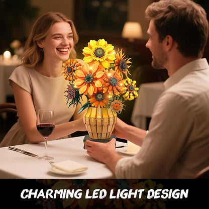 Sunflower Building Set with Lights Vase Base, Flowers Botanical Collection Building Block Home Decor, 1180PCS Art Flower Bouquet Bonsai Plant Building Kit Gift for Adults Teens Girls Boys 12+