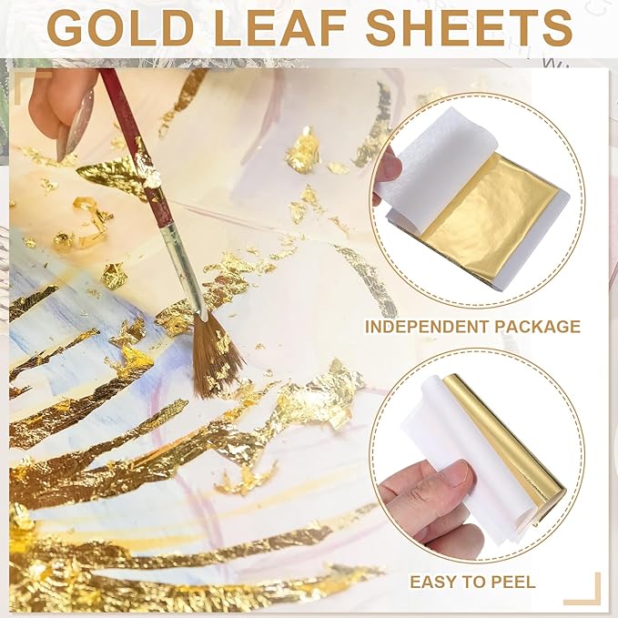 PATIKIL Gold Leaf Sheets for Art 3.7" x 3.4", 100 Pcs Gold Foil Sheet Metallic Leaf Papers for DIY Crafts Resin Furniture Nails Paintings Home Decoration, Yellow