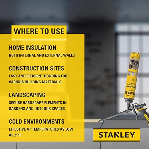 Stanley Quick Bond Adhesive Foam - 12x24oz, Reliable Bond Adhesive for Various Materials, Strong bonding, No Mixing, Gun Use, Gun NOT Included | 12 Pack