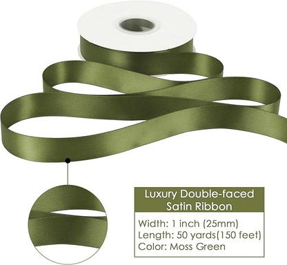 HUIHUANG Satin Ribbon 1 inch Moss Green Ribbon 50 Yards Double Face Silk Satin Ribbons for Crafts Christmas Tree Decor Gift Wrapping Bows Bridal Floral Bouquet Wedding Invitation Card Party Decor
