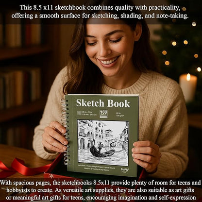 Sketch Book 8.5"x11", Spiral Sketchbook Pack of 2, SuFly 200 Sheets (68 lb/100gsm) Acid Free Sketch Pads for Drawing for Adults Spiral Bound with Hard Cover for Kids & Adults, 100 Sheets Each