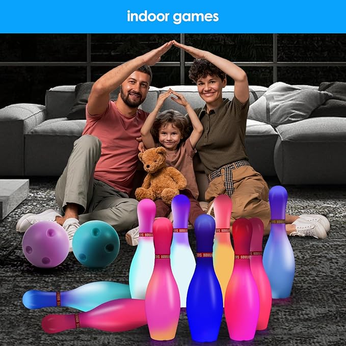 Light Up Bowling Set, Glow in The Dark Bowling Balls & Pins for Outdoor and Indoor Kids Games Fit Christmas Birthday Party Lawn Yard Carnival Games, Kids Education Motor Skills Toys