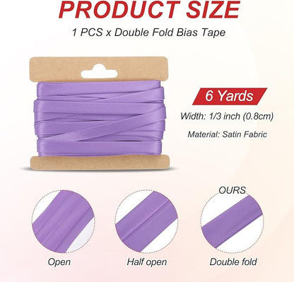 MECCANIXITY Double Fold Bias Tape for Sewing 1/3 Inch x 6 Yards Satin Pre-fold Continuous Binding Tape for Seaming Quilting Hemming Binding DIY Crafts, Light Purple