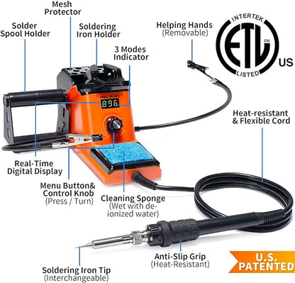 YIHUA 926 III 60W LED Display Soldering Iron Station Kit w 2 Helping Hands, 6 Extra Iron Tips, Roll of Lead-Free Solder, Solder Sucker, S/S Tweezers, °C/ºF Conversion, Auto Sleep & Calibration Support