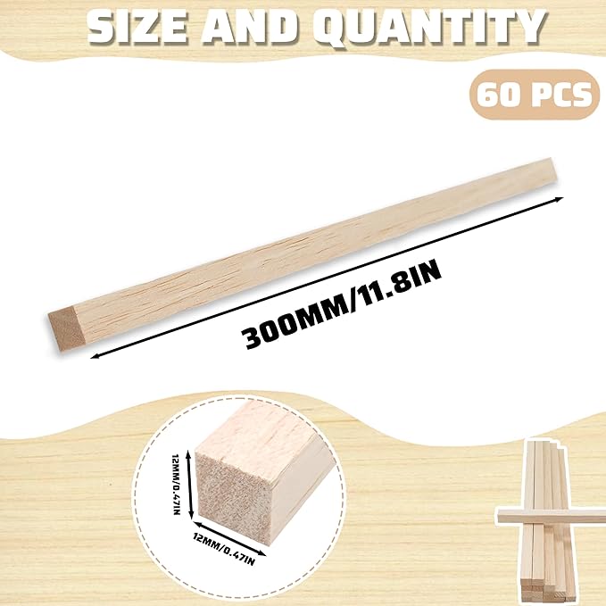 60Pcs Wood Square Dowel Rods 1/2 x 1/2 x 12 inch,Wood Squares for Crafts,Model Making Balsa Wood (1/2""x12""-60pcs)
