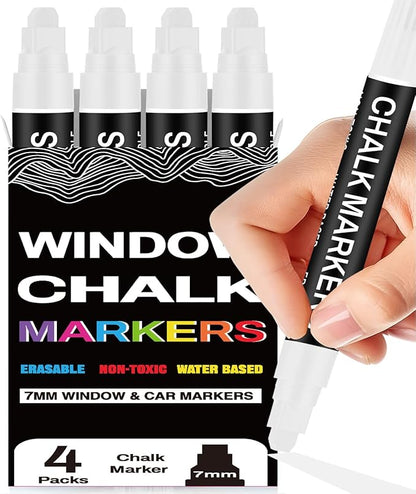 White Chalk Markers for Blackboard, Window Markers Thick, Liquid Chalk Pen with 7mm Wide Thick Tip & Erasable Paint, Jumbo Marker for Chalkboard Blackboard Sign Glass Menu Board Mirror Poster - 4 Pack